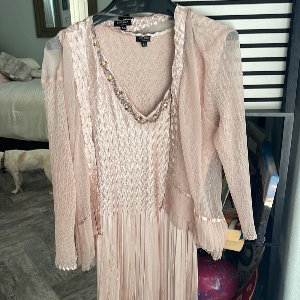 Komarov dress sold at Nordstrom it is stunning pink/beige silk embellished neck